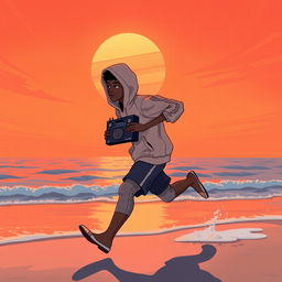A lo-fi anime style illustration featuring an African American teenage boy figure with his head fully covered by a hoodie, captured in a dynamic running motion along a beach shore
