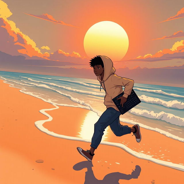 A lo-fi anime style illustration featuring an African American teenage boy figure with his head fully covered by a hoodie, captured in a dynamic running motion along a beach shore