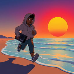 A lo-fi anime style illustration featuring an African American teenage boy figure with his head fully covered by a hoodie, captured in a dynamic running motion along a beach shore