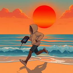 A lo-fi anime style illustration featuring an African American teenage boy figure with his head fully covered by a hoodie, captured in a dynamic running motion along a beach shore
