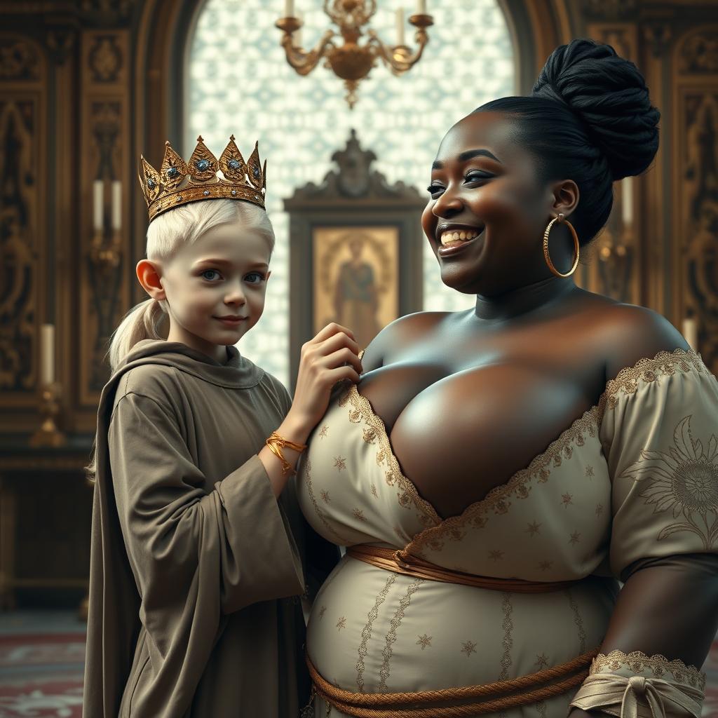 In a luxurious Nordic palace room, a striking scene unfolds featuring two unique characters