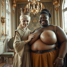 In a luxurious Nordic palace room, a striking scene unfolds featuring two unique characters