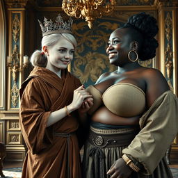 In a luxurious Nordic palace room, a striking scene unfolds featuring two unique characters