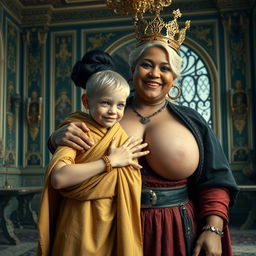 In an exquisite Nordic palace room, a captivating scene features two striking characters