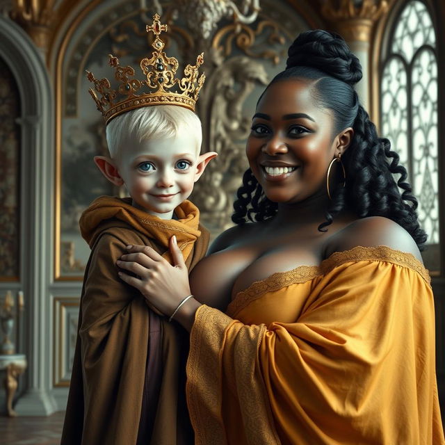 In an exquisite Nordic palace room, a captivating scene features two striking characters