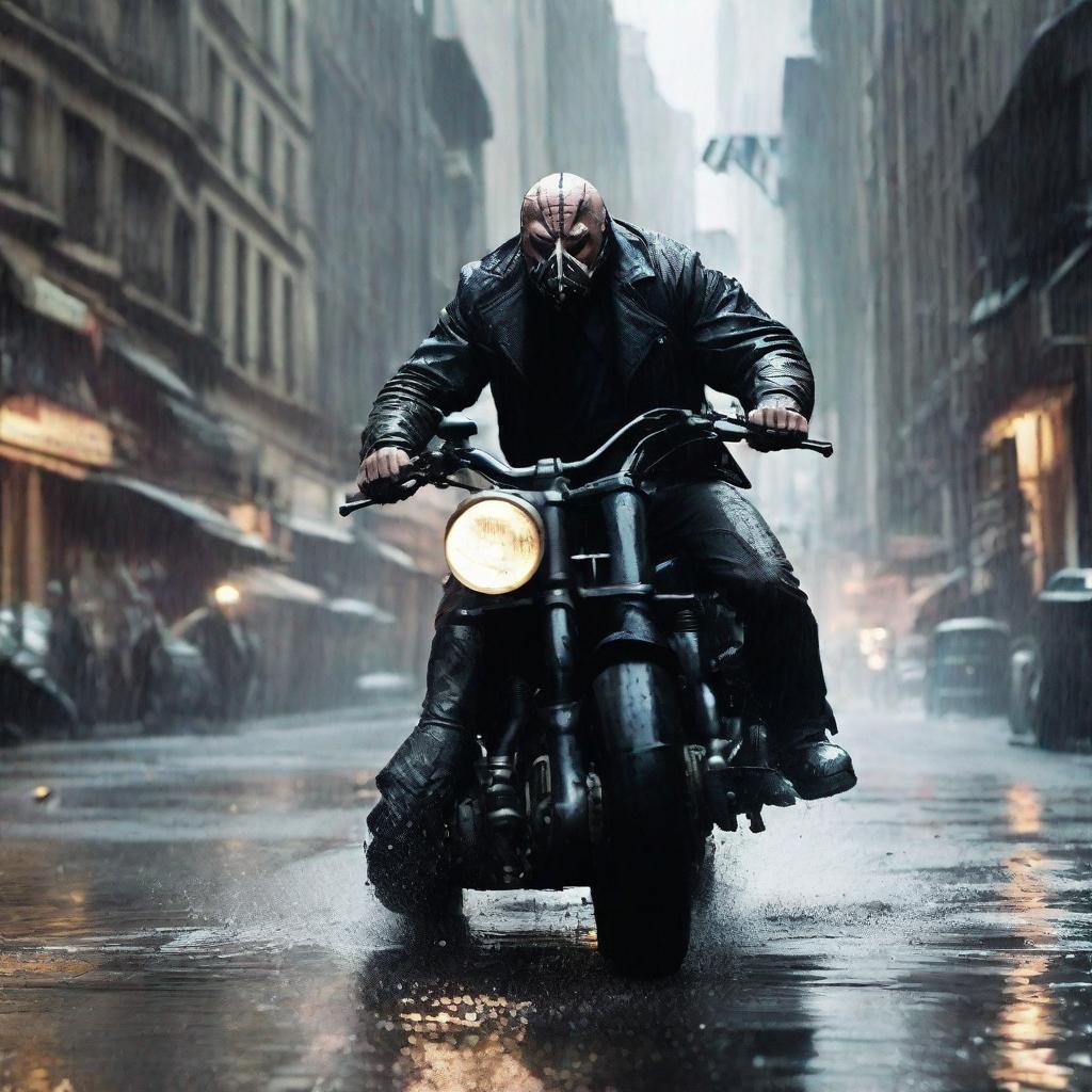 An intense scene featuring Bane from the Dark Knight Rises, dressed in his signature outfit, riding a powerful, black motorcycle down a rain-soaked, city street.