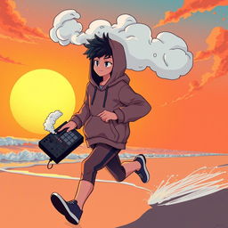 A lo-fi anime style illustration featuring a teenage boy figure wearing a hoodie, with a thick cloud of white smoke emitting from the top of his hoodie
