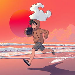 A lo-fi anime style illustration featuring a teenage boy figure wearing a hoodie, with a thick cloud of white smoke emitting from the top of his hoodie