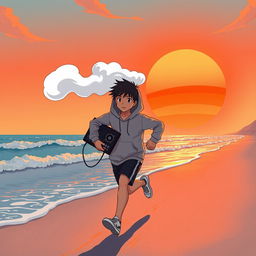 A lo-fi anime style illustration featuring a teenage boy figure wearing a hoodie, with a thick cloud of white smoke emitting from the top of his hoodie