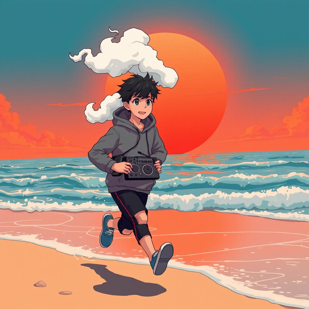 A lo-fi anime style illustration featuring a teenage boy figure wearing a hoodie, with a thick cloud of white smoke emitting from the top of his hoodie