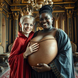 In an elaborate Nordic palace room, a striking composition showcases two distinct characters