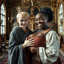 In an elaborate Nordic palace room, a striking composition showcases two distinct characters