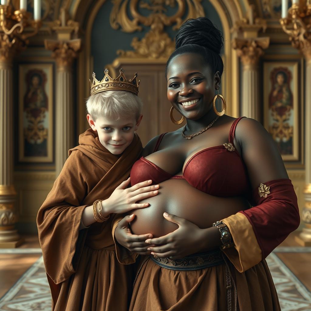 In an elaborate Nordic palace room, a striking composition showcases two distinct characters