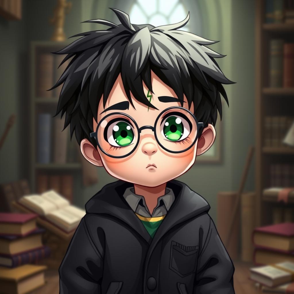 A 6-year-old British anime boy inspired by Harry Potter, featuring messy black hair and striking emerald green eyes