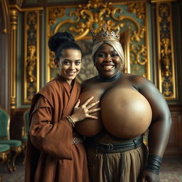 In a lavish Nordic palace room, a captivating scene showcases two distinct characters