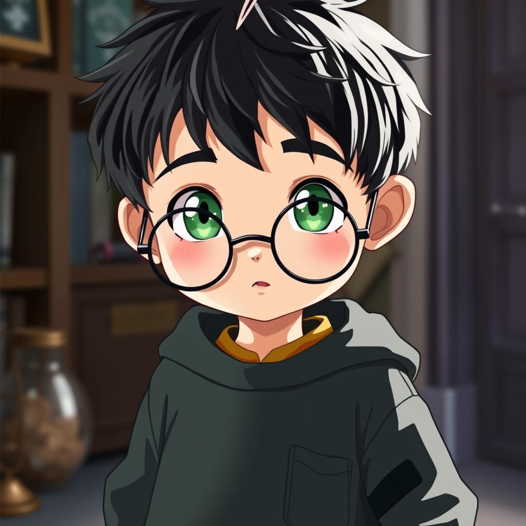 An 8-year-old British anime boy inspired by Harry Potter, featuring messy black hair and captivating emerald green eyes