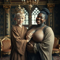 In a lavish Nordic palace room, a striking scene is set with two contrasting characters