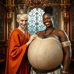 In an ornate Nordic palace room, the scene features two contrasting characters in a surreal and fantastical setting