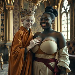 In an ornate Nordic palace room, the scene features two contrasting characters in a surreal and fantastical setting