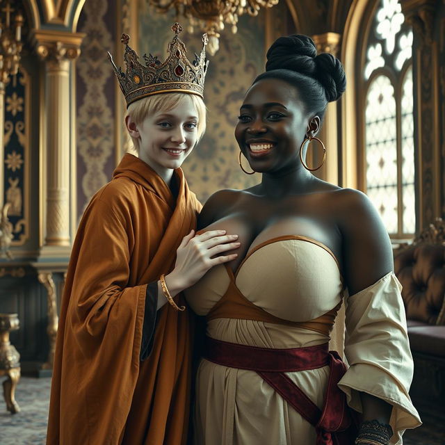 In an ornate Nordic palace room, the scene features two contrasting characters in a surreal and fantastical setting