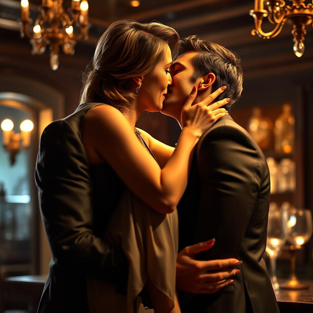 A dramatic and emotional scene depicting a middle-aged woman in an elegant dress and high heels, passionately kissing a younger man with chiseled features and a charming smile