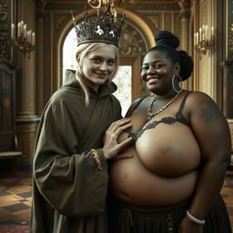 In a magnificent Nordic palace room, a unique scene unfolds featuring two contrasting women