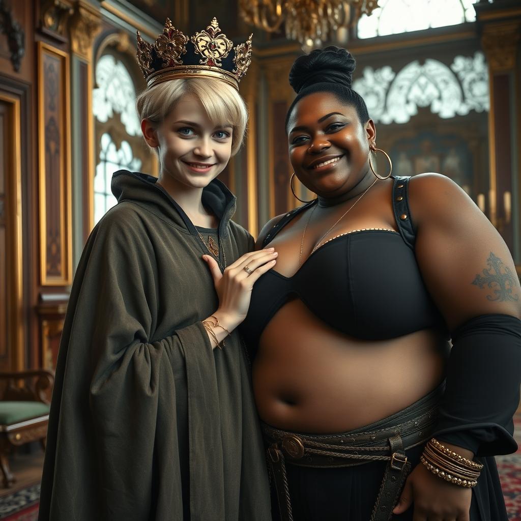 In a magnificent Nordic palace room, a unique scene unfolds featuring two contrasting women