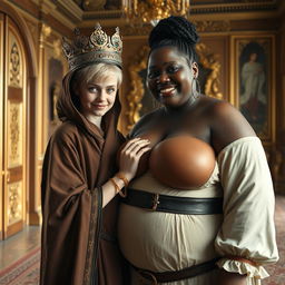 In a magnificent Nordic palace room, a unique scene unfolds featuring two contrasting women