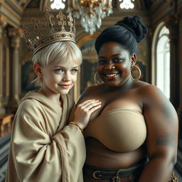 In a magnificent Nordic palace room, a unique scene unfolds featuring two contrasting women