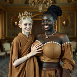 In a grand Nordic palace room, a unique and contrasting scene unfolds featuring two captivating characters