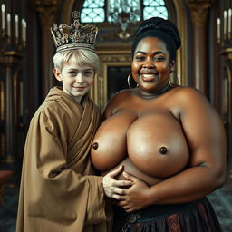 In a grand Nordic palace room, a unique and contrasting scene unfolds featuring two captivating characters