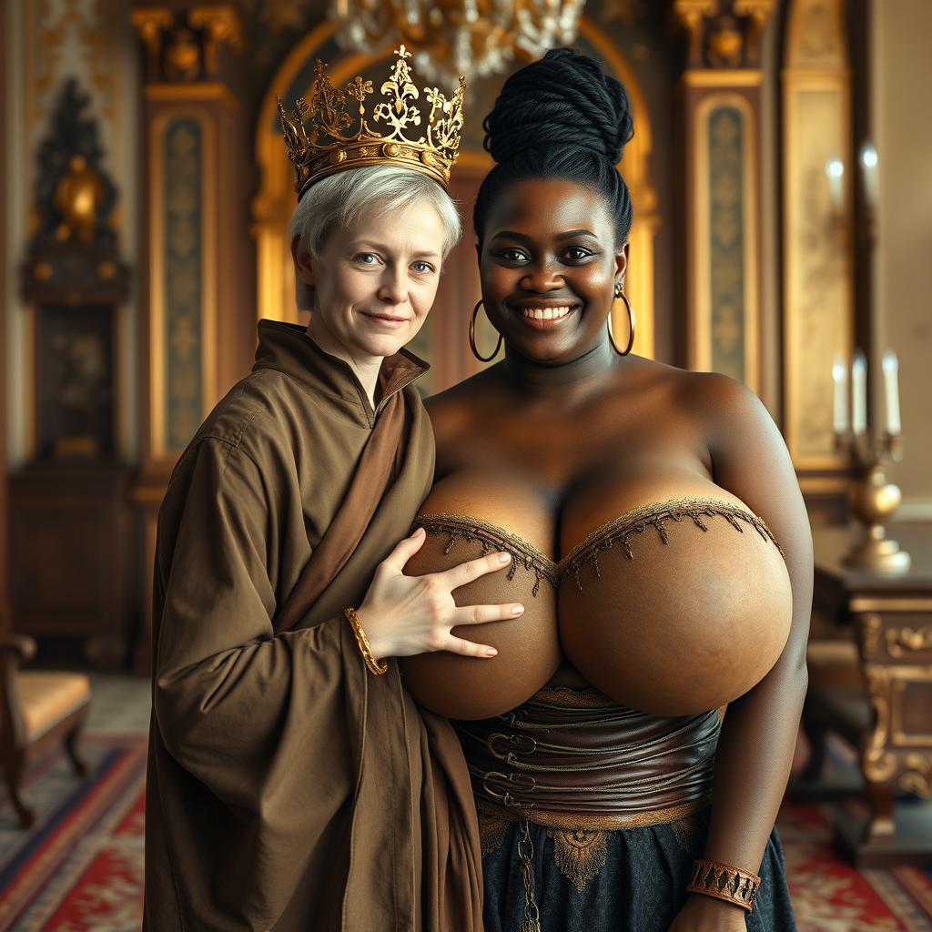 In a grand Nordic palace room, a unique and contrasting scene unfolds featuring two captivating characters