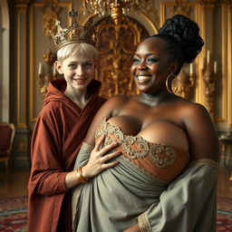 In a grand Nordic palace room, a unique and contrasting scene unfolds featuring two captivating characters