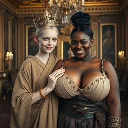 In a lavish Nordic palace room, a striking scene brings together two contrasting women