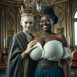 In a lavish Nordic palace room, a striking scene brings together two contrasting women