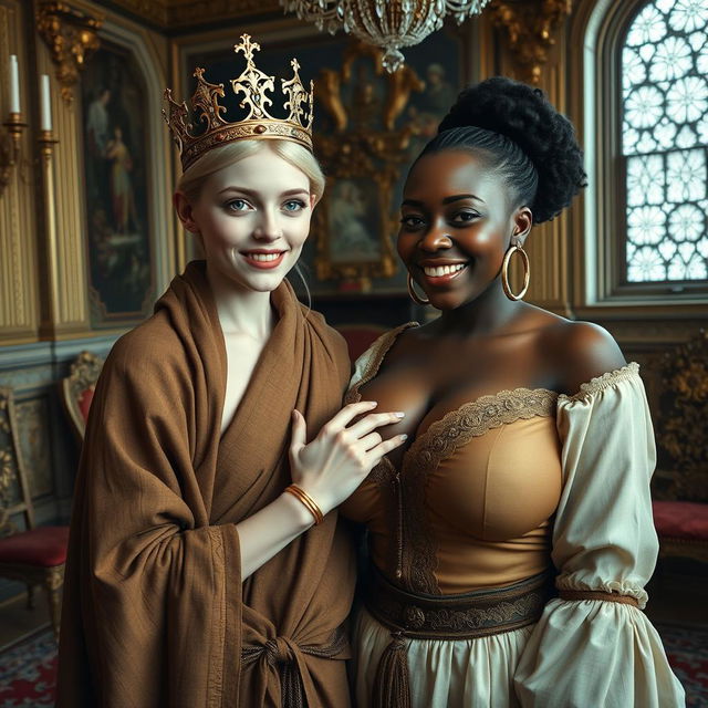 In a lavish Nordic palace room, a striking scene brings together two contrasting women