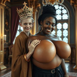 Inside a lavish Nordic palace room, a visually striking scene depicts two contrasting women