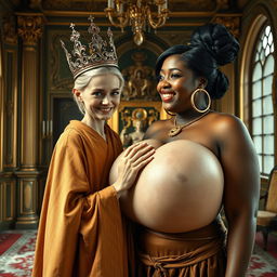 Inside a lavish Nordic palace room, a visually striking scene depicts two contrasting women