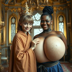 Inside a lavish Nordic palace room, a visually striking scene depicts two contrasting women