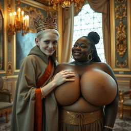 Inside an opulent Nordic palace room, a striking scene features two contrasting women