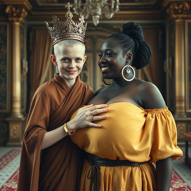 Inside an opulent Nordic palace room, a striking scene features two contrasting women