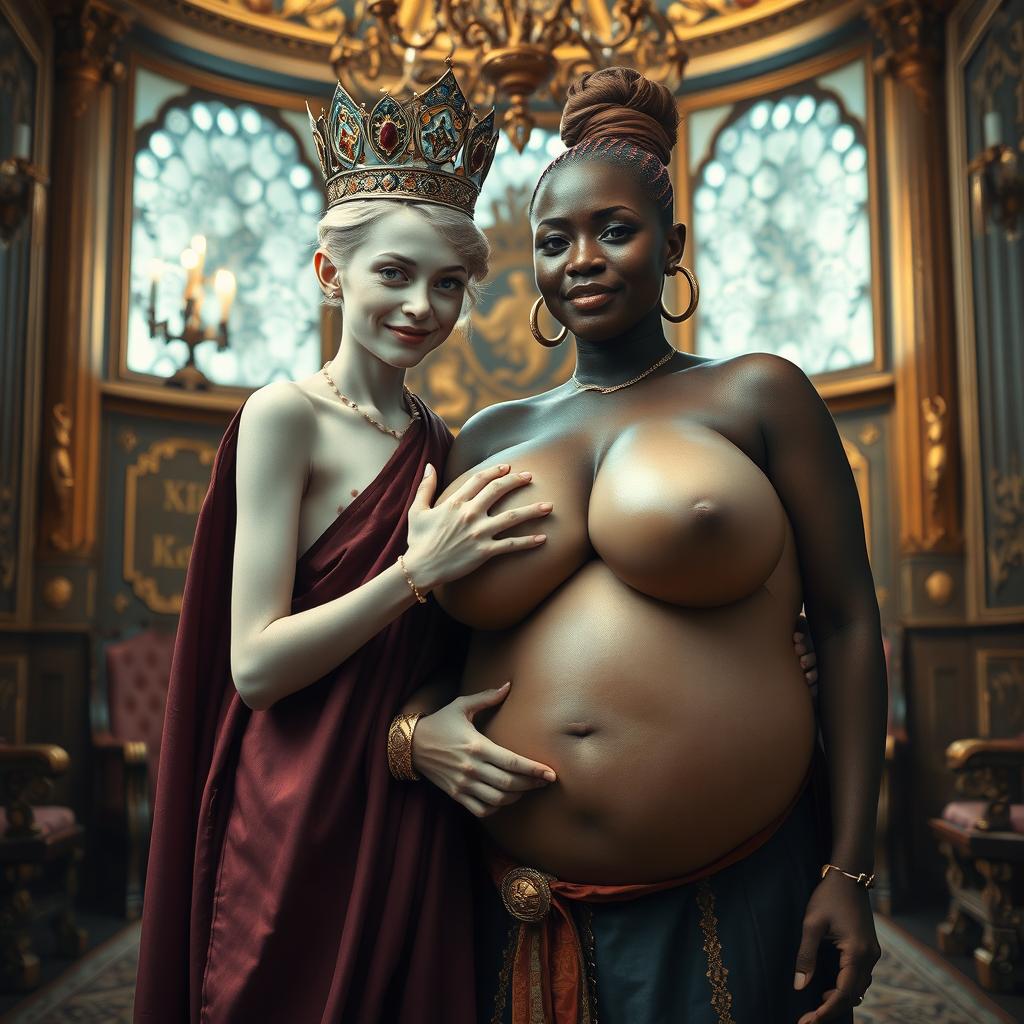 Inside an ornate Nordic palace room, a captivating scene unfolds featuring two distinct women