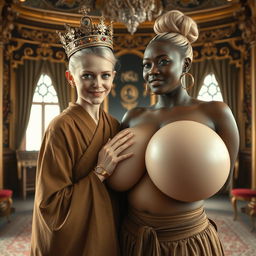 Inside an ornate Nordic palace room, a captivating scene unfolds featuring two distinct women