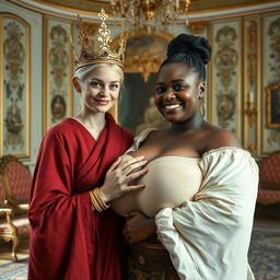 Inside an elegantly adorned Nordic palace room, a striking and vivid scene features two contrasting women
