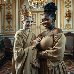 Inside an elegantly adorned Nordic palace room, a striking and vivid scene features two contrasting women