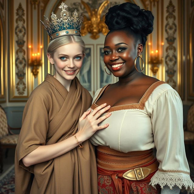 Inside an elegantly adorned Nordic palace room, a striking and vivid scene features two contrasting women