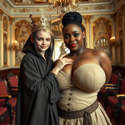 Inside an elaborately decorated Nordic palace room, the scene features two uniquely contrasting women