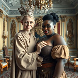 Inside an elaborately decorated Nordic palace room, the scene features two uniquely contrasting women