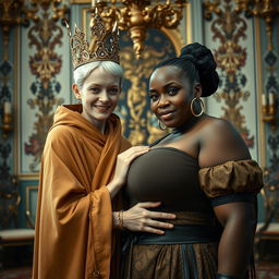 Inside an elaborately decorated Nordic palace room, the scene features two uniquely contrasting women