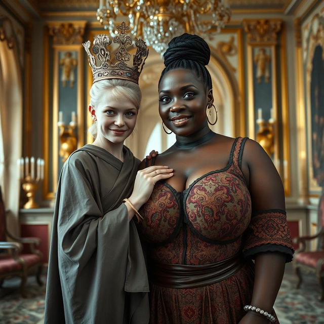 Inside an elaborately decorated Nordic palace room, the scene features two uniquely contrasting women